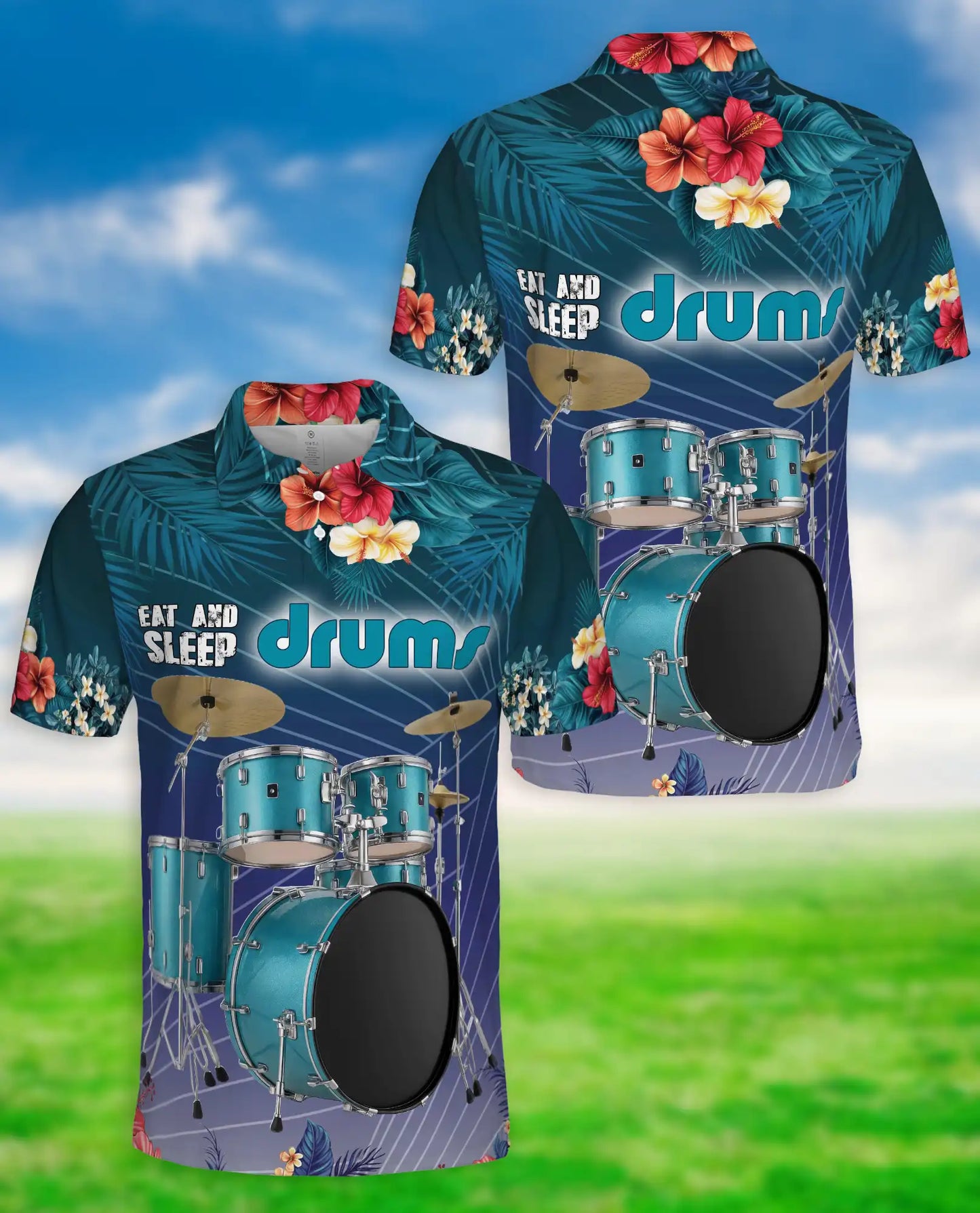 Drummer Polo Shirt, Tropical Drum Set Print | Azhawaiian