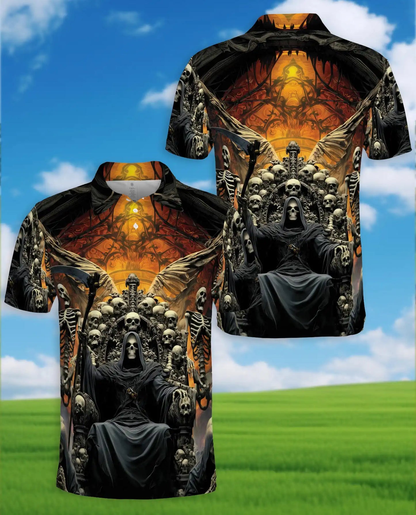 Grim Reaper Skull Polo Shirt for Men, Gothic Skeleton Throne | Azhawaiian