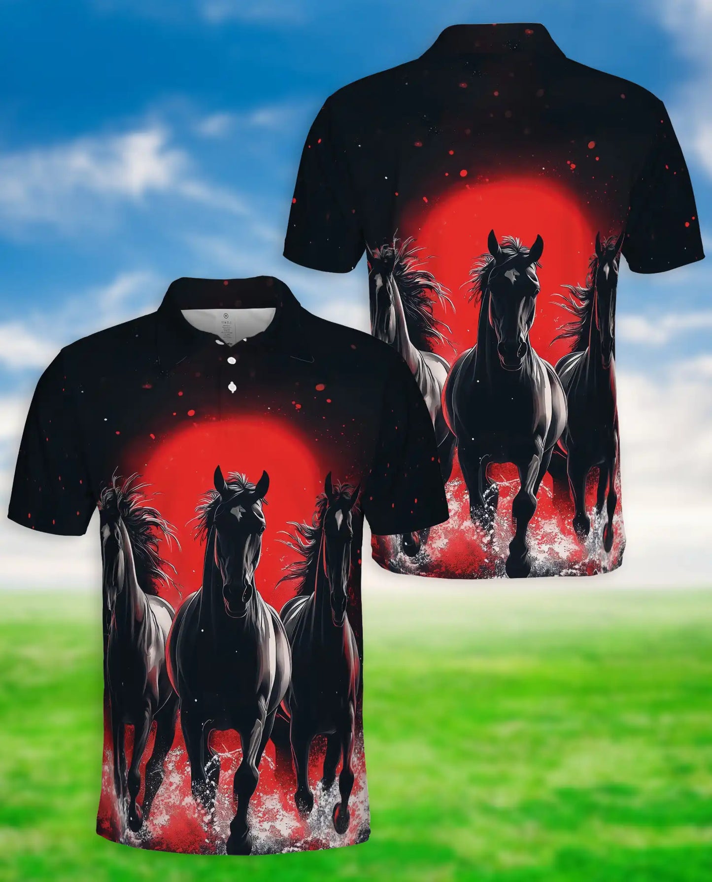Black Running Horses Polo Shirt - Wild Stallion Midnight Style | Azhawaiian