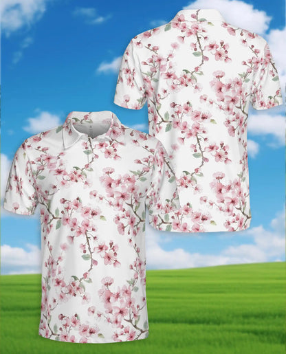 Cherry Blossom Polo Shirt for Men, Spring Floral Style | Azhawaiian