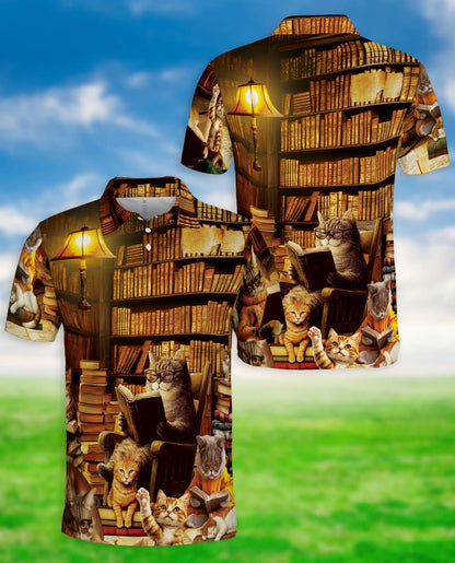 Cat Library Polo Shirt, Cozy Reading Room Print | Azhawaiian