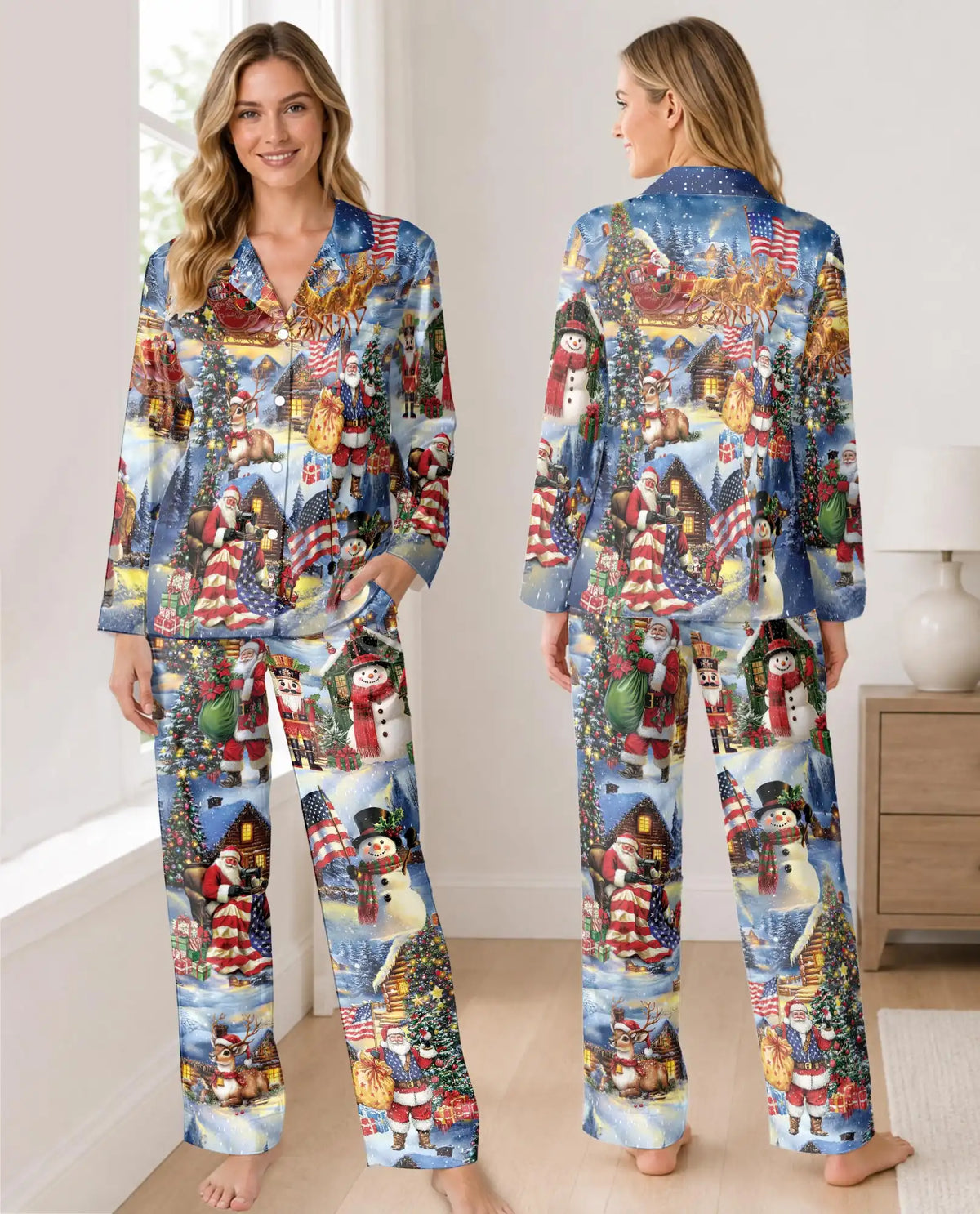 Patriotic Christmas Pajama Set for Women – Santa & American Flag Print