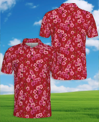 Red Cherry Blossom Polo Shirt for Men, Japanese Sakura Floral Style | Azhawaiian
