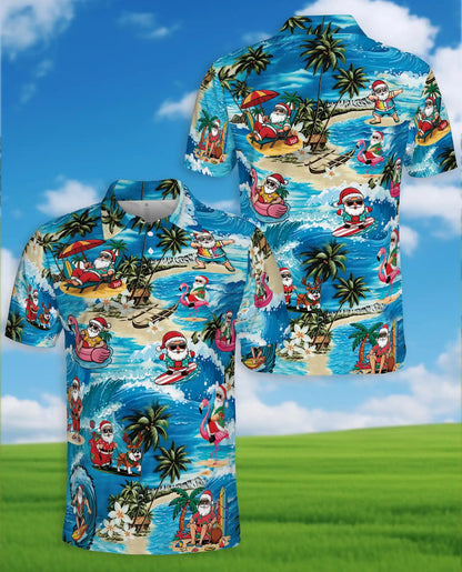Tropical Santa Beach Christmas Polo Shirt for Men-Surfing Santa Hawaiian | Azhawaiian
