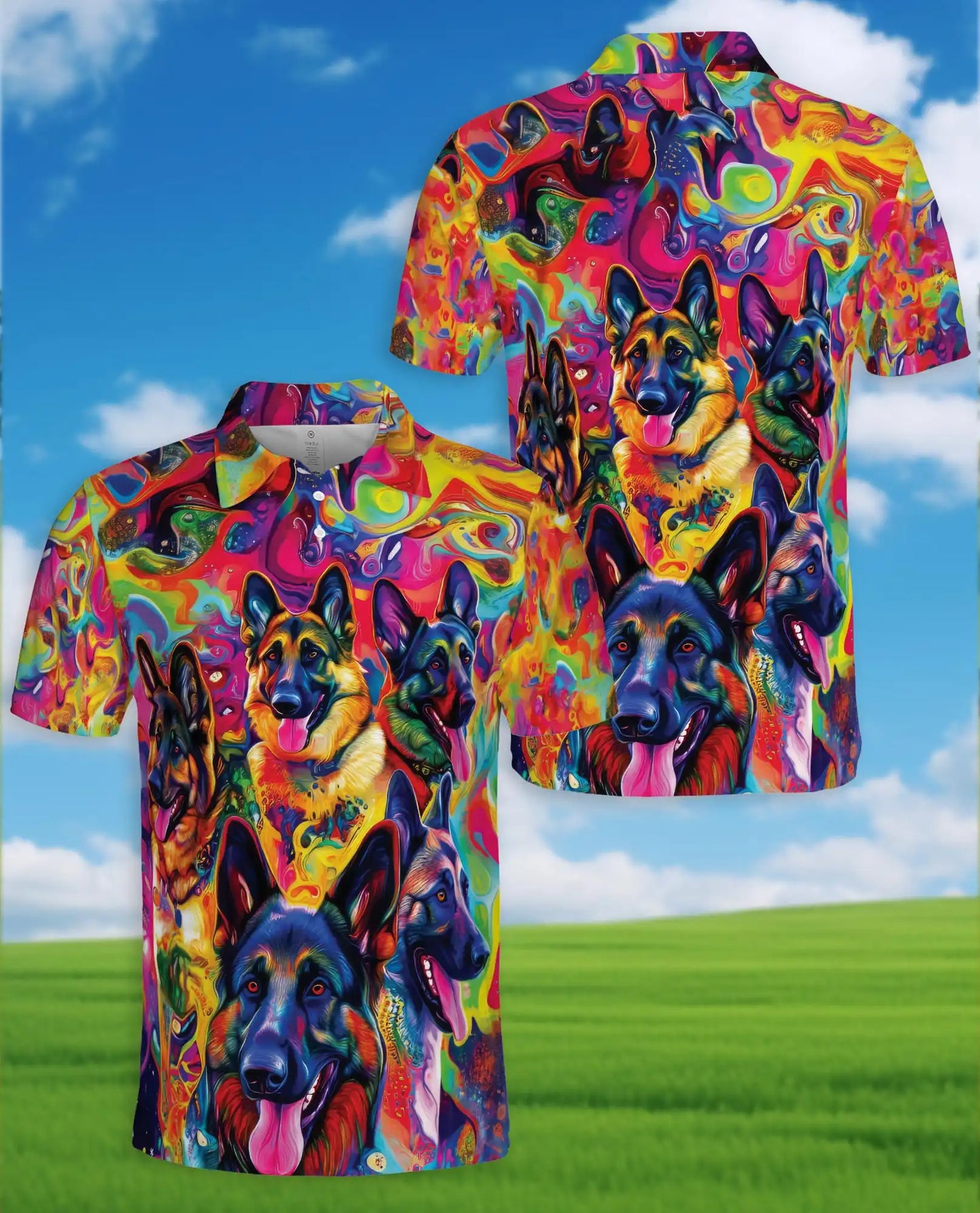 Psychedelic German Shepherd 3D Polo Shirt for Men, Colorful Dog Lover Art Style | Azhawaiian