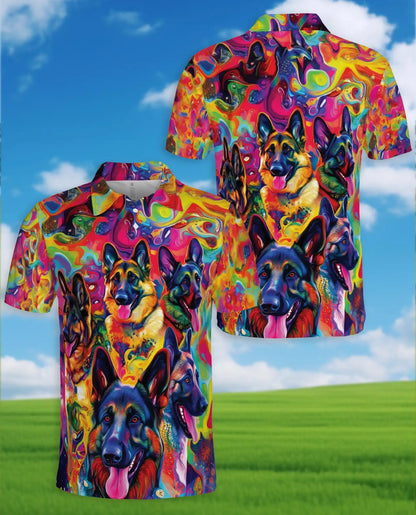 Psychedelic German Shepherd 3D Polo Shirt for Men, Colorful Dog Lover Art Style | Azhawaiian