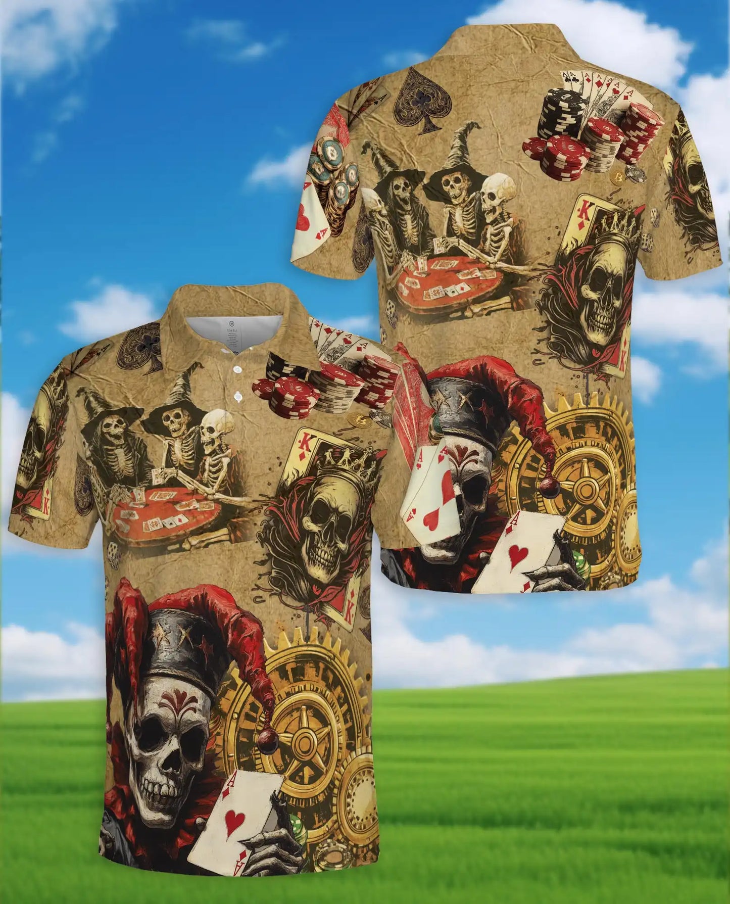 Skeleton Poker Polo Shirt - Vintage Gambling Skull Card Player Design | Azhawaiian