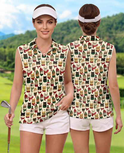 Christmas Cat Pattern Sleeveless Polo Shirt for Women | Azhawaiian