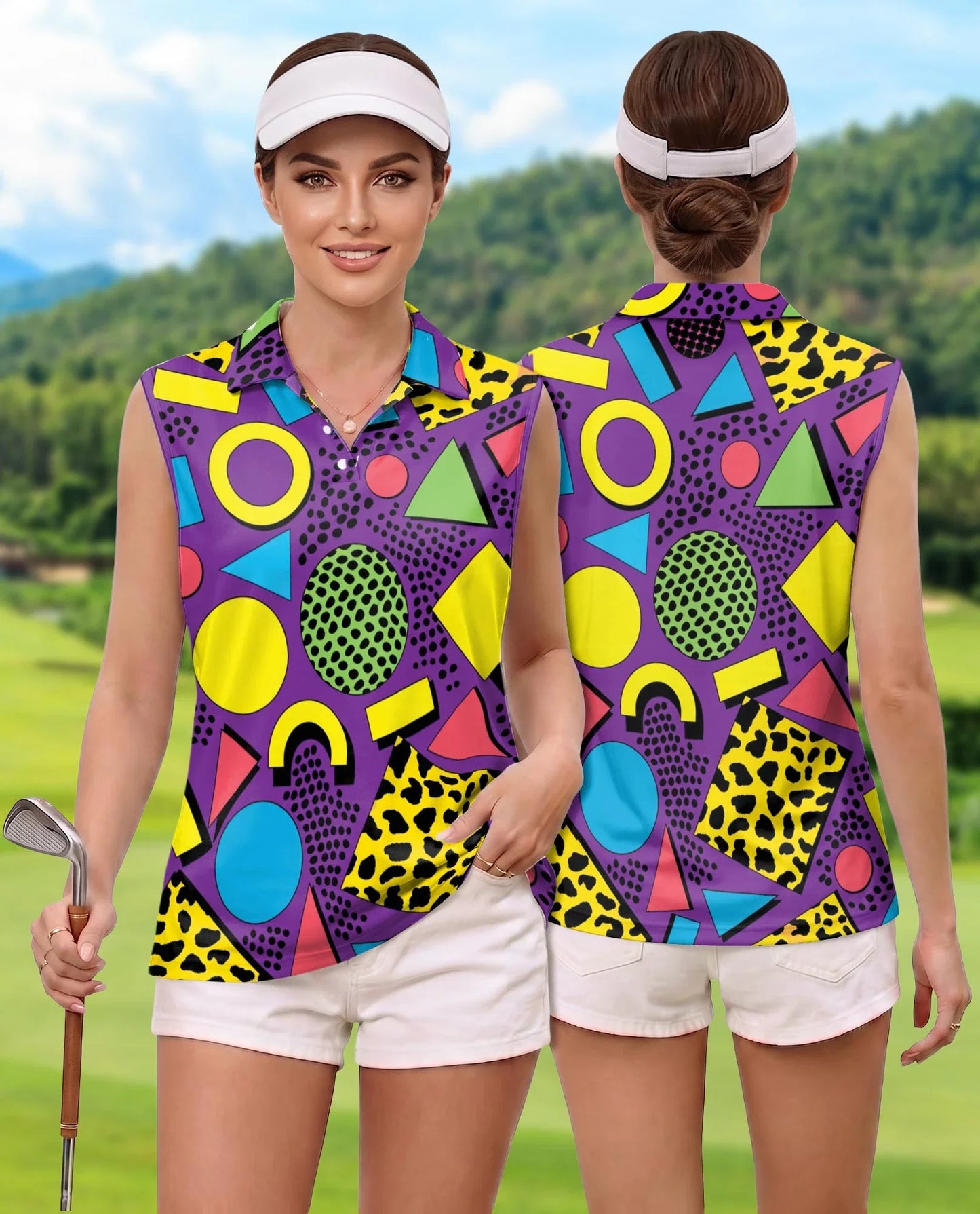 Retro Abstract Shapes Pattern Sleeveless Polo Shirt for Women | Azhawaiian