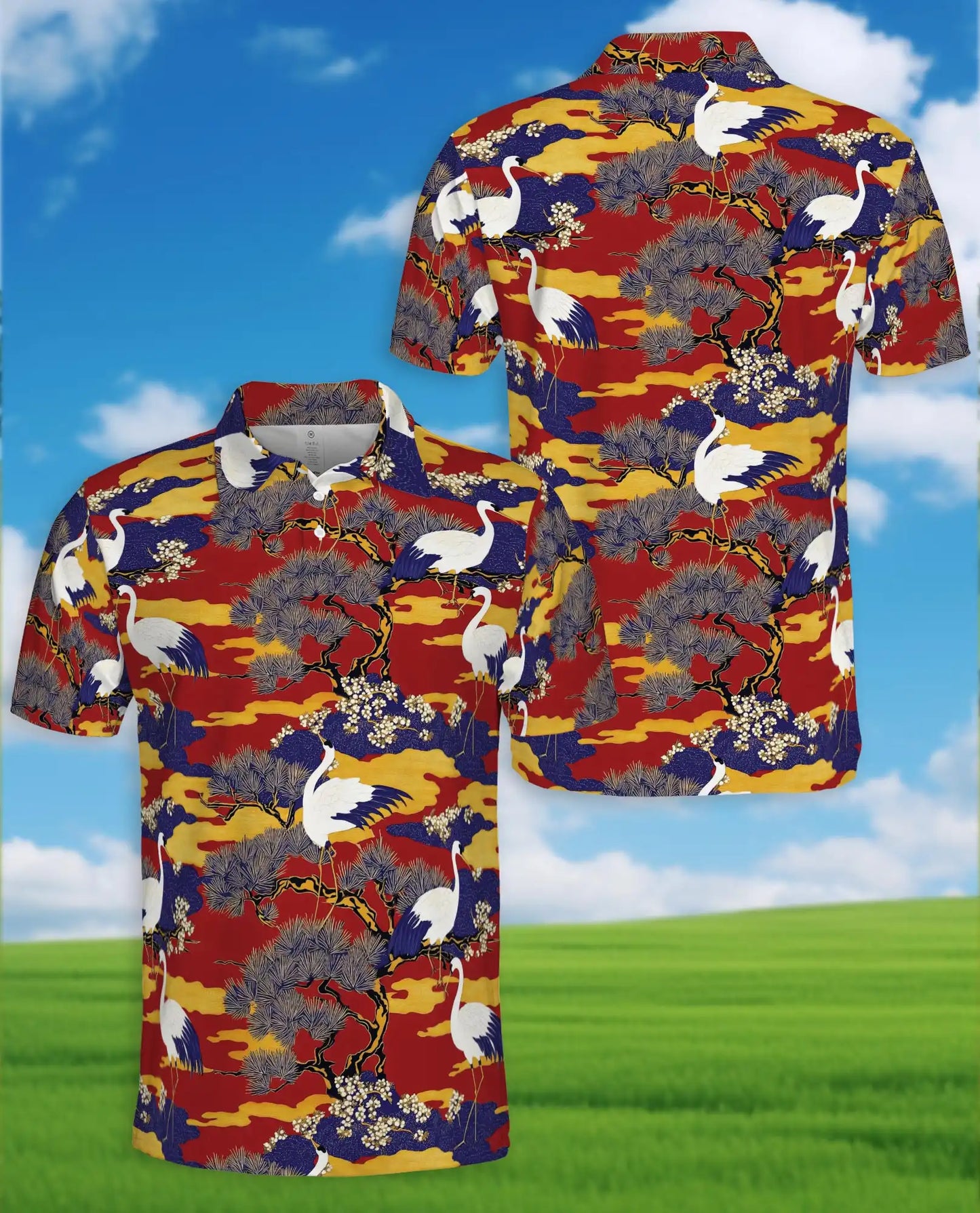 Crane Bird Polo Shirt for Men, Japanese Garden Style | Azhawaiian