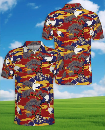 Crane Bird Polo Shirt for Men, Japanese Garden Style | Azhawaiian