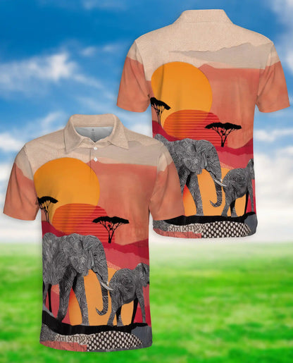 African Elephant Polo Shirt, Safari Sunset Wildlife Print | Azhawaiian