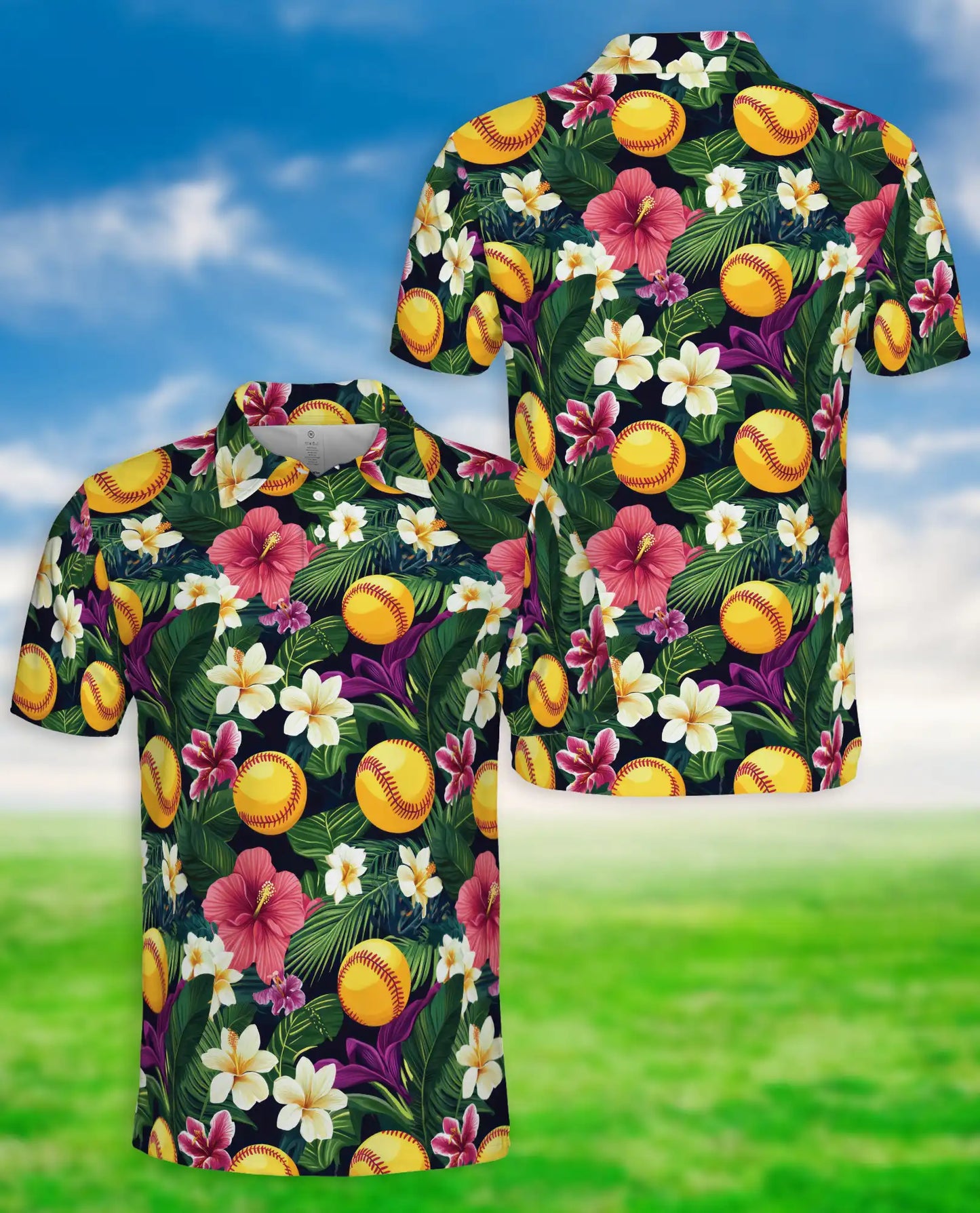 Softball Tropical Polo Shirt for Men- Floral Softball Pattern | Azhawaiian