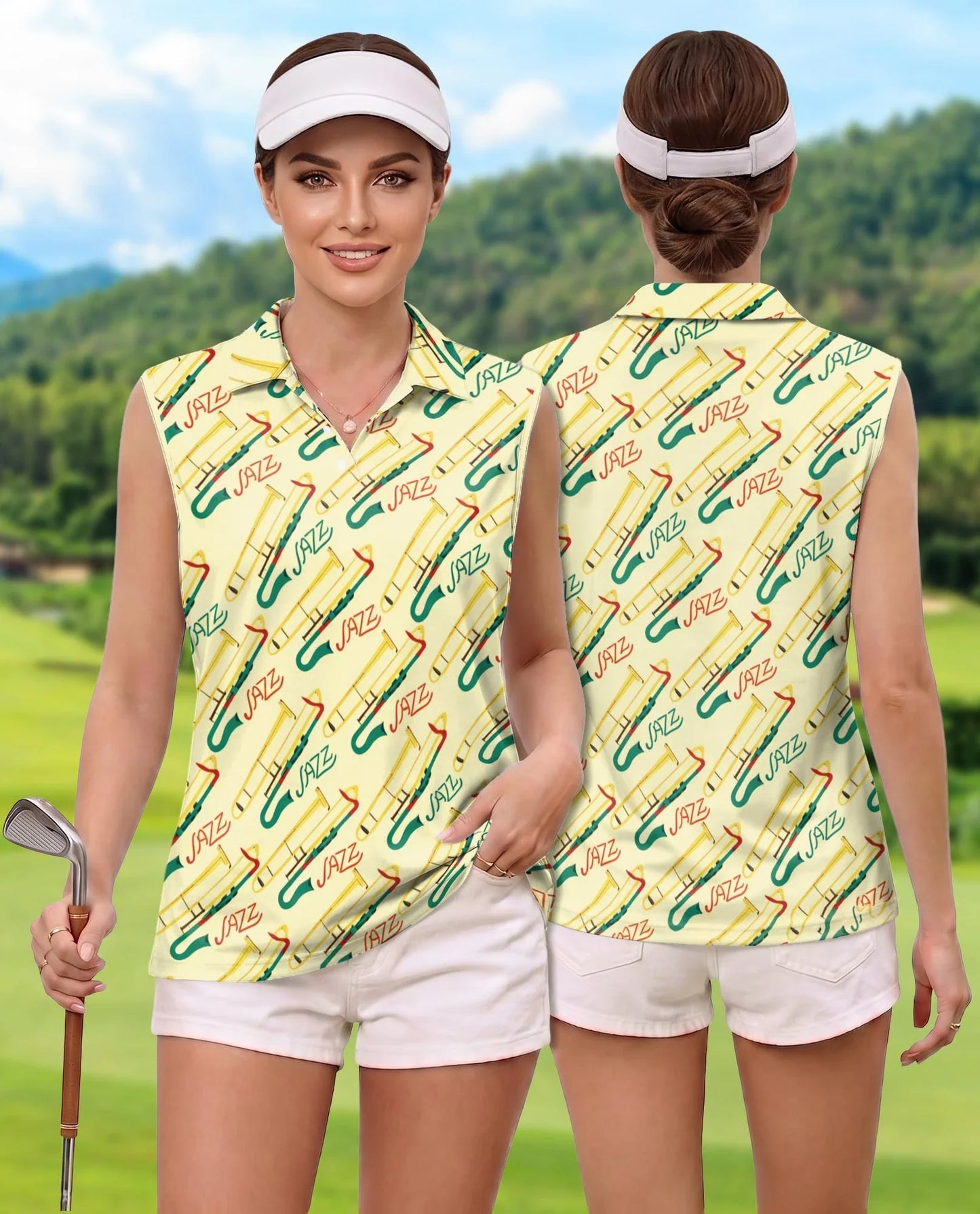 Jazz Music Instrument Pattern Sleeveless Polo Shirt for Women