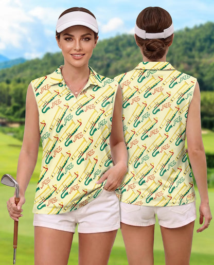 Jazz Music Instrument Pattern Sleeveless Polo Shirt for Women