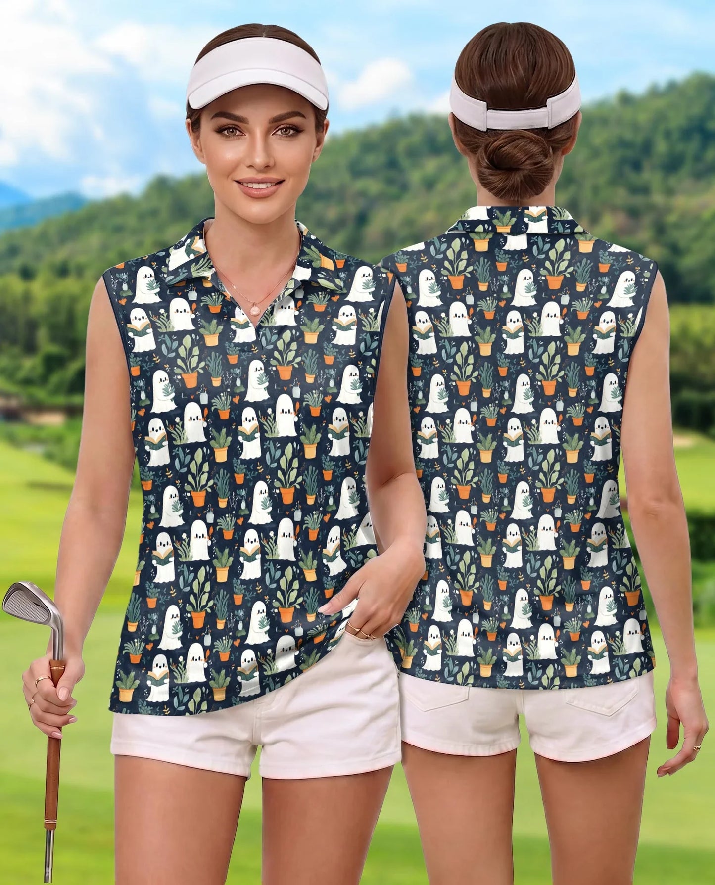 Cute Ghost Holding Plants Pattern Sleeveless Polo Shirt for Women | Azhawaiian