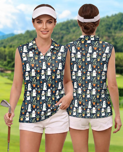 Cute Ghost Holding Plants Pattern Sleeveless Polo Shirt for Women | Azhawaiian