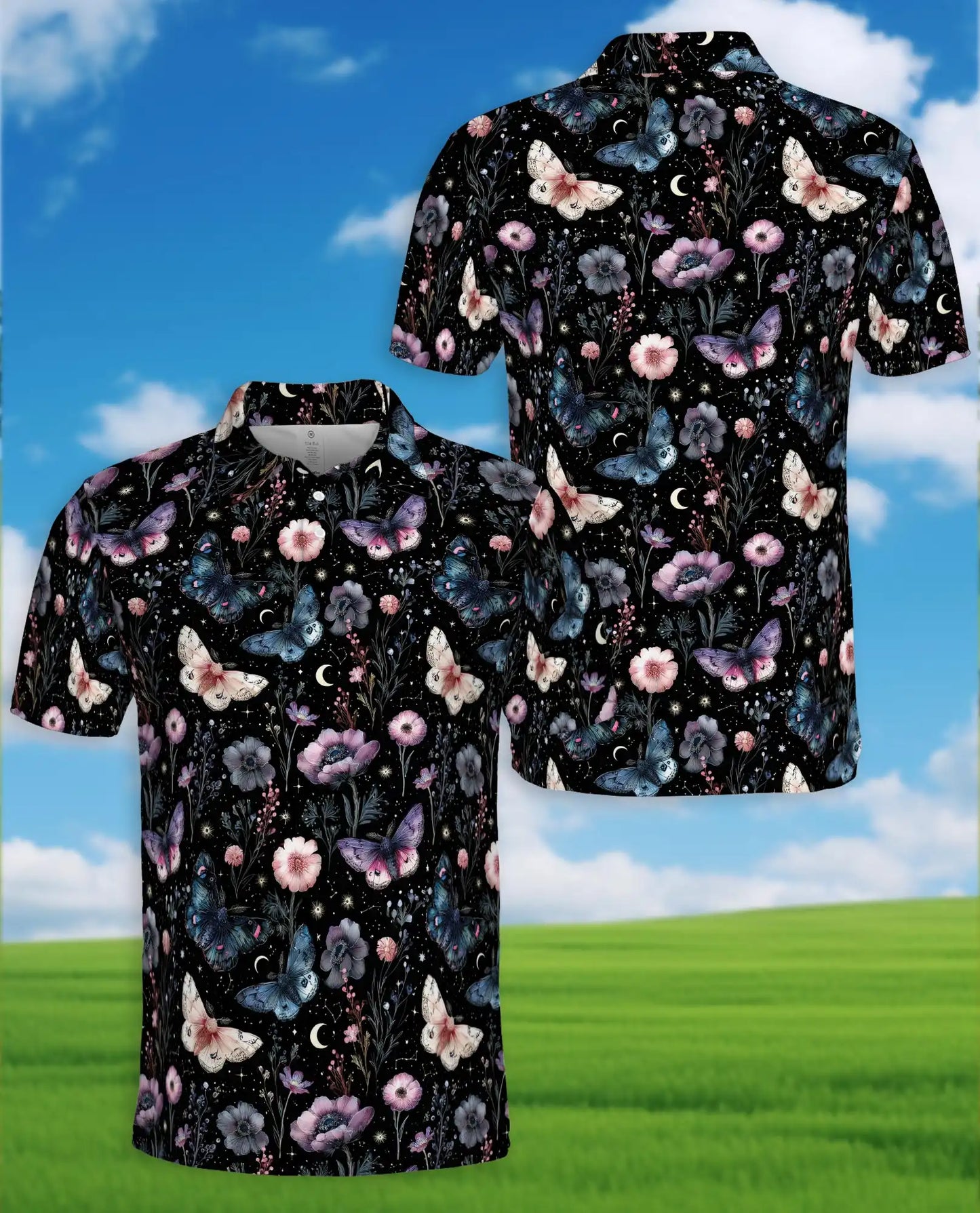 Butterfly Floral Polo Shirt - Moonlit Botanical Garden Style | Azhawaiian