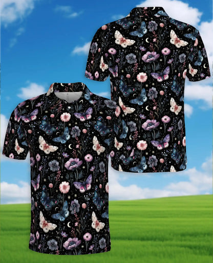 Butterfly Floral Polo Shirt - Moonlit Botanical Garden Style | Azhawaiian