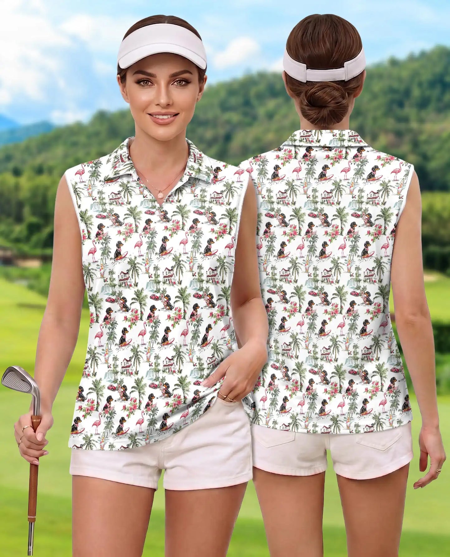 Dachshund Flamingo Tropical Sleeveless Polo Shirt for Women | Azhawaiian