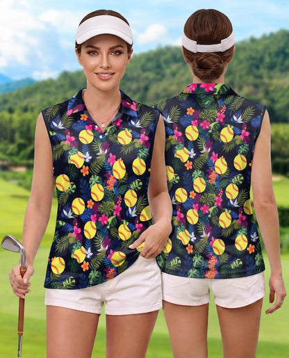 Softball Simple Hibiscus Sleeveless Polo Shirt for Women | Azhawaiian