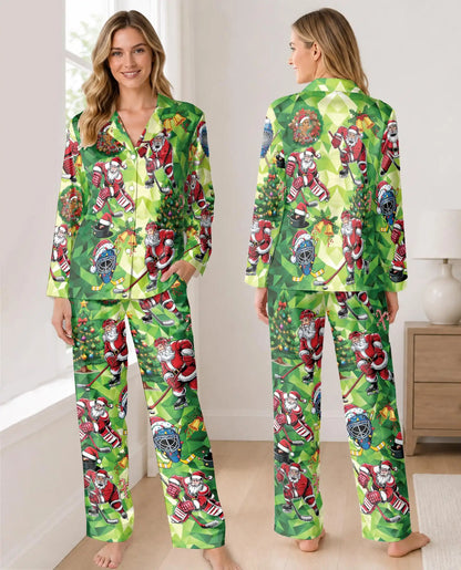 Christmas Hockey Santa Pajama Set for Women – Green Geometric Print