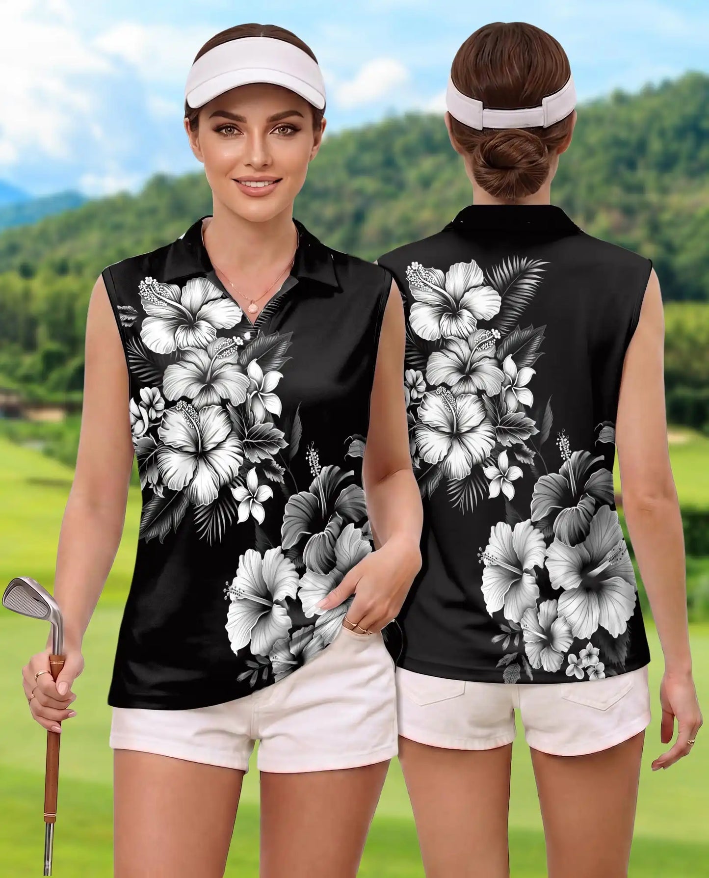 Black And White Hibiscus Polynesian Sleeveless Polo Shirt for Women | Azhawaiian