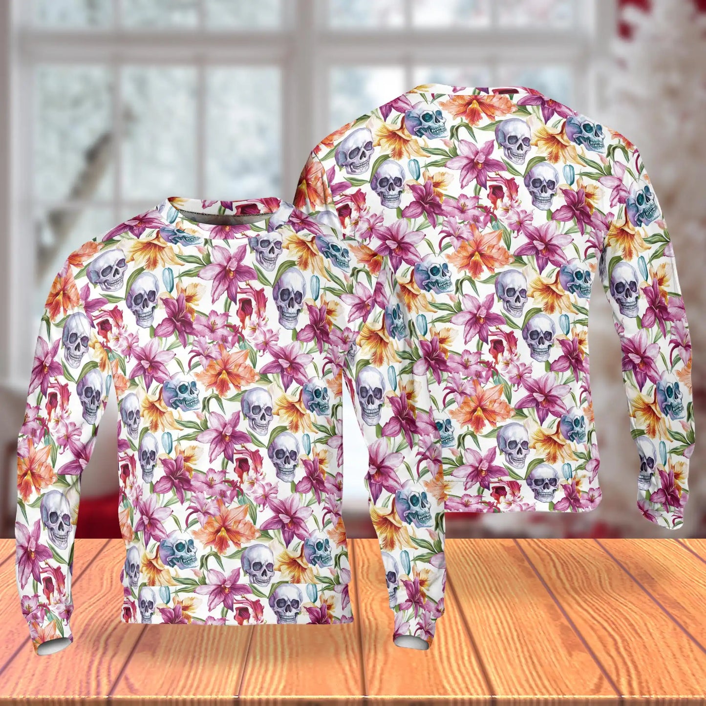 Watercolor Floral Skull Pattern Sweatshirt – Colorful Graphic 3D All Over Print Design