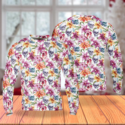 Watercolor Floral Skull Pattern Sweatshirt – Colorful Graphic 3D All Over Print Design