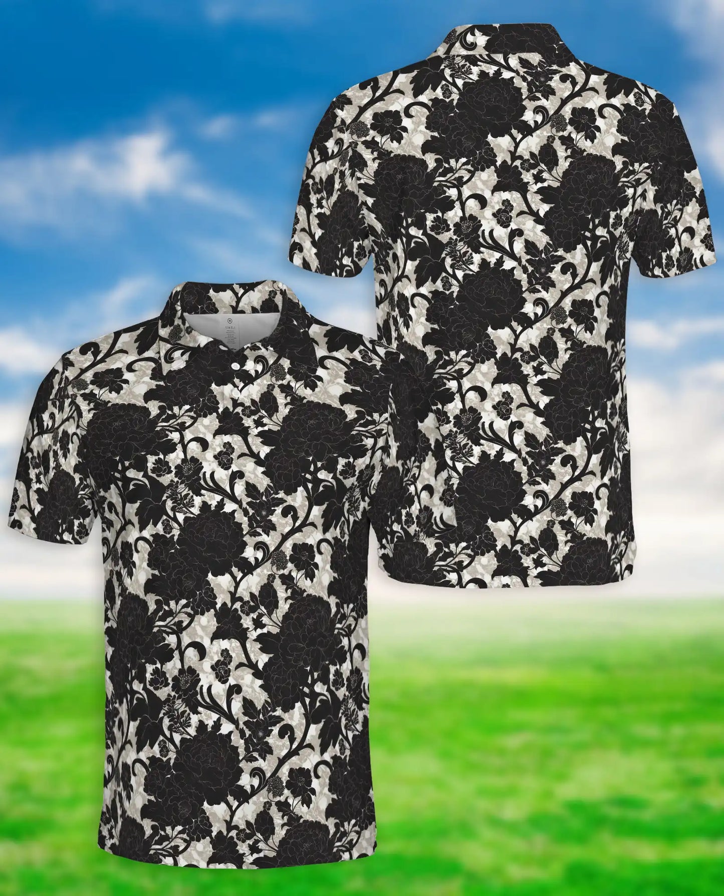Black White Floral Damask Polo Shirt for Men- Vintage Flower Pattern | Azhawaiian
