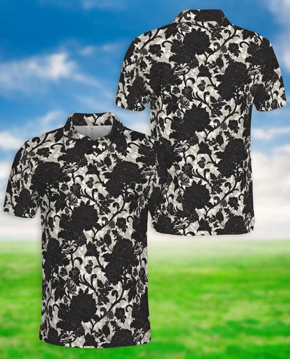 Black White Floral Damask Polo Shirt for Men- Vintage Flower Pattern | Azhawaiian