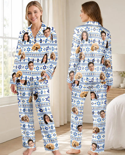 Personalized Hanukkah Star of David Pajamas for Women – Custom Face & Pet Photo Print