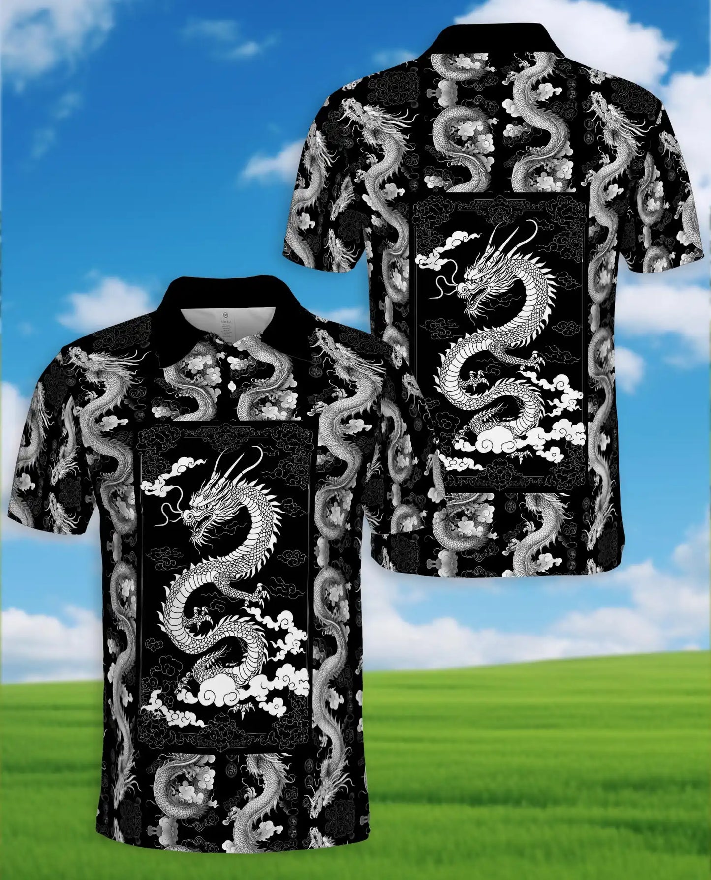 Black White Asian Dragon Polo Shirt for Men - Oriental Dragon Art | Azhawaiian