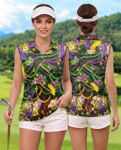 Mardi Gras Tree Sleeveless Polo Shirt for Women | Azhawaiian