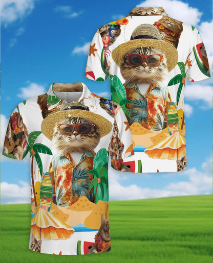 Funny Beach Cat Polo Shirt - Tropical Hawaiian Vacation Kitty Design | Azhawaiian