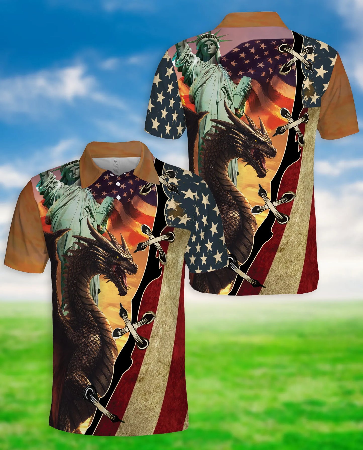 American Dragon 3D Polo Shirt for Men, Patriotic Fantasy Flag Style | Azhawaiian