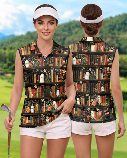 Library Ghost Sleeveless Polo Shirt for Women | Azhawaiian