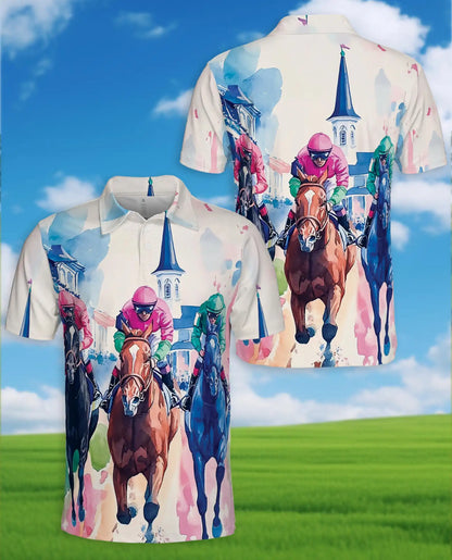 Horse Racing Polo Shirt - Watercolor Derby Jockey Style | Azhawaiian