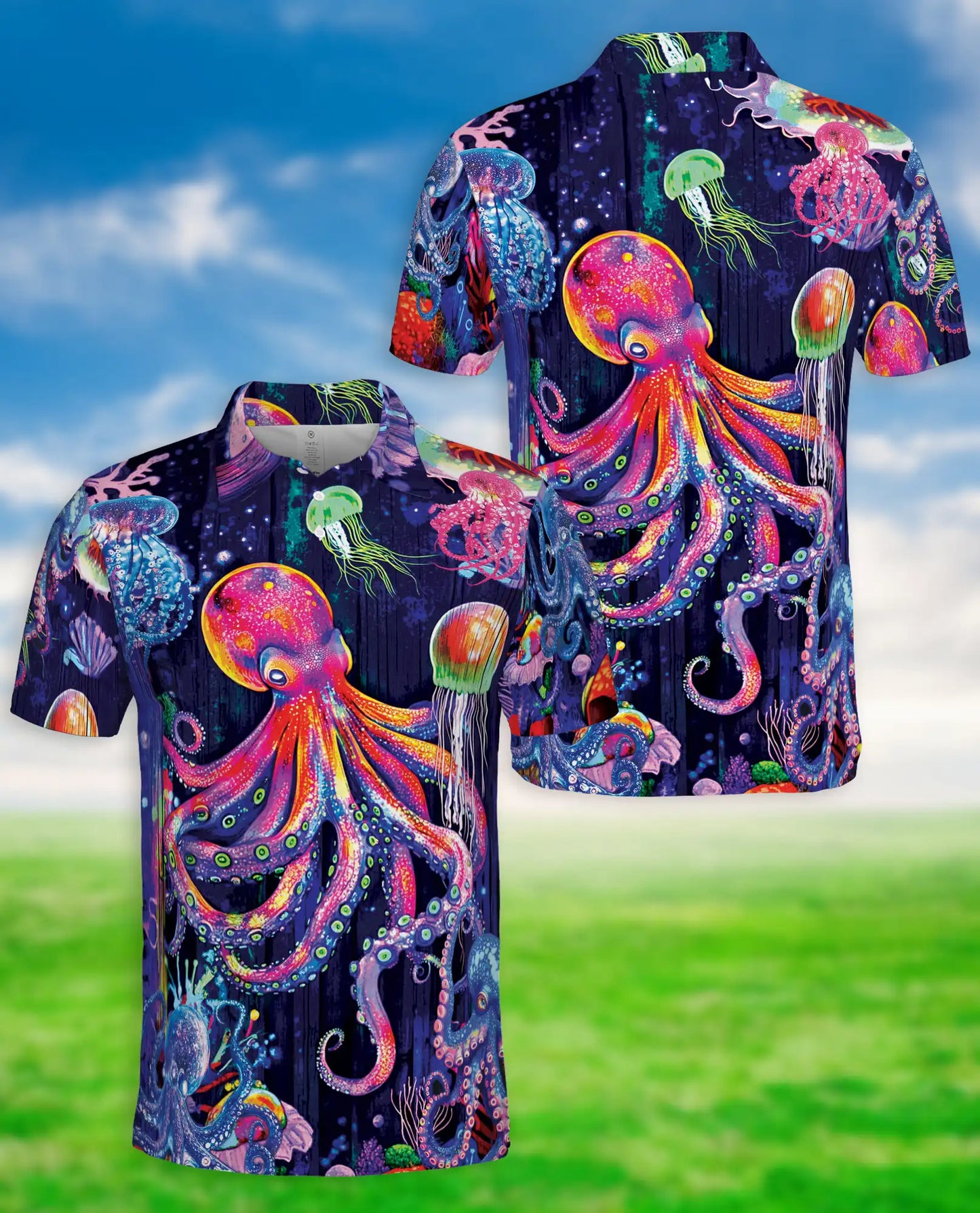 Neon Octopus Jellyfish 3D Polo Shirt for Men, Colorful Ocean Fantasy Style | Azhawaiian