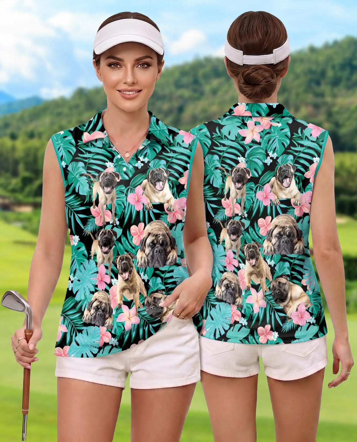 English Mastiff Summer Leaves Sleeveless Polo Shirt for Women | Azhawaiian