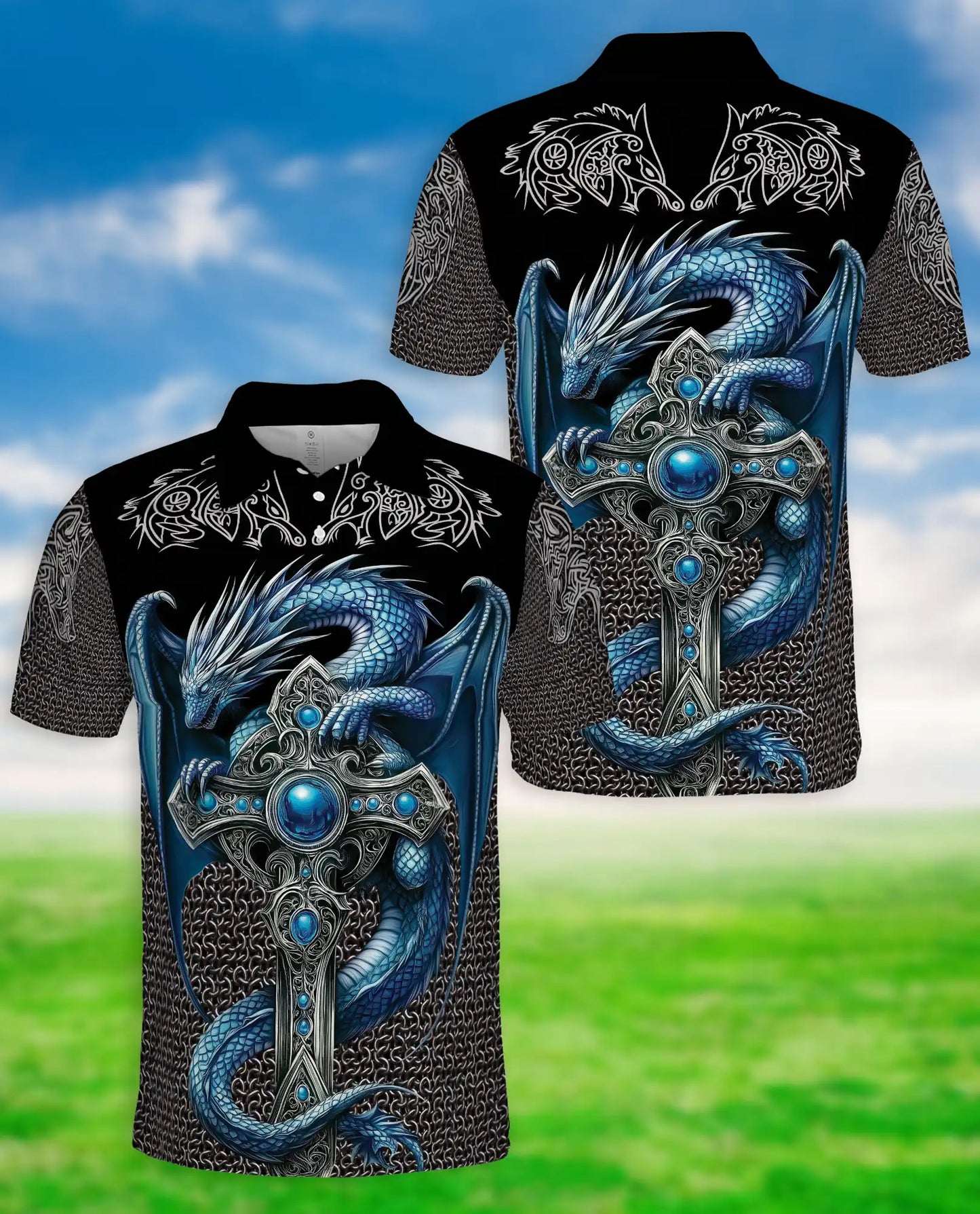 Blue Dragon Cross 3D Polo Shirt for Men, Medieval Fantasy Armor Style | Azhawaiian