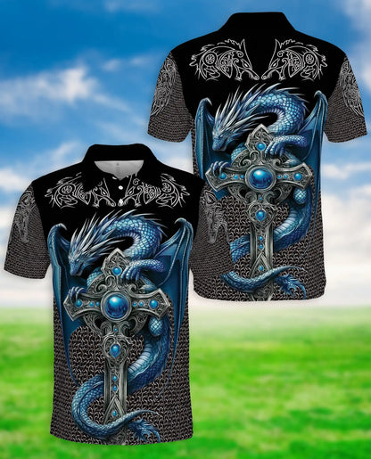 Blue Dragon Cross 3D Polo Shirt for Men, Medieval Fantasy Armor Style | Azhawaiian
