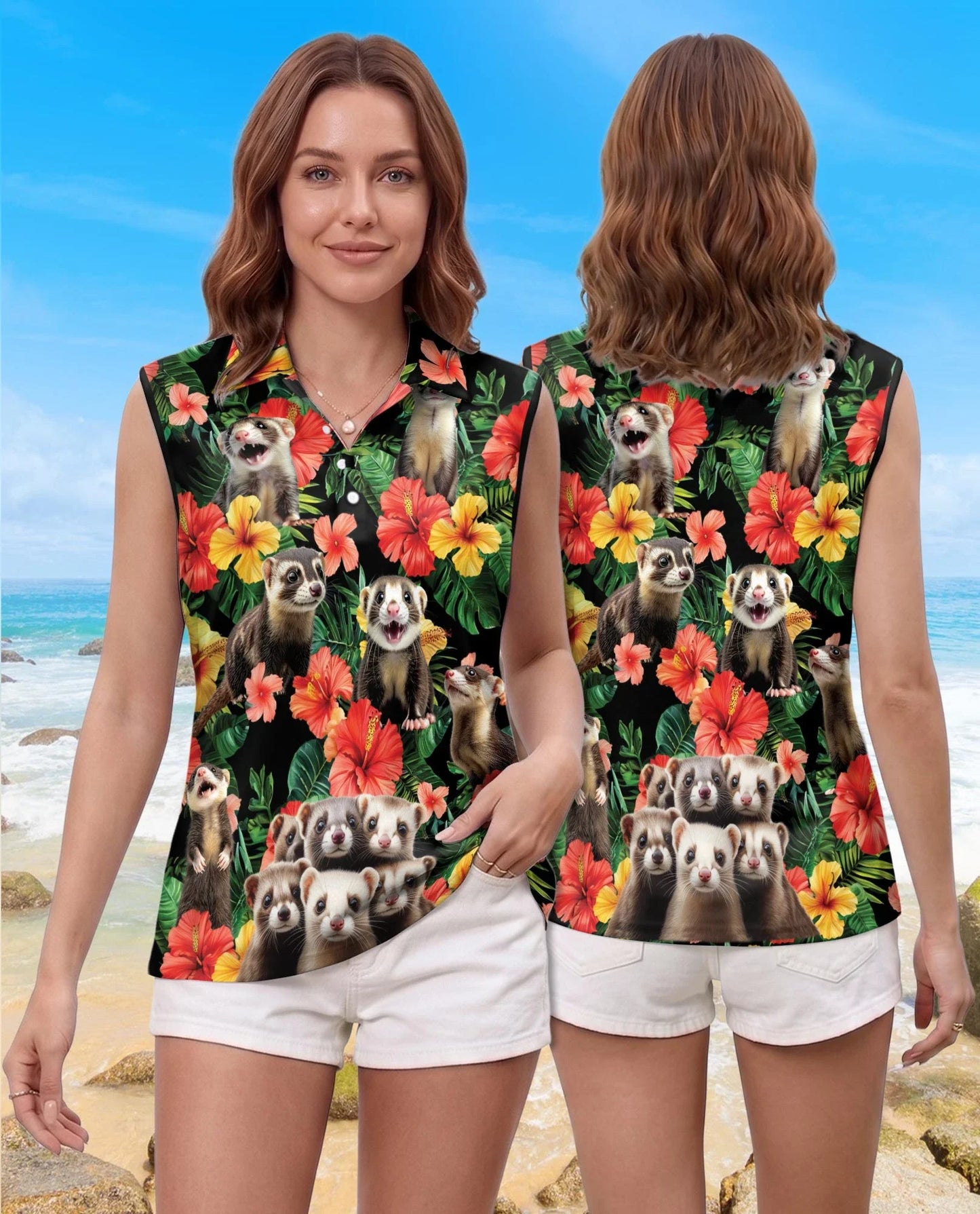 Ferrets Tropical Sleeveless Polo Shirt for Women | Azhawaiian