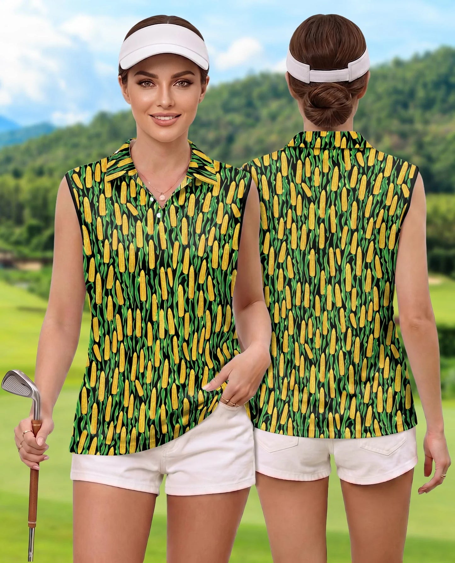 Agricultural Corn Cob Sleeveless Polo Shirt for Women | Azhawaiian