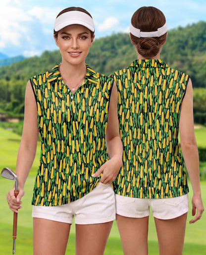 Agricultural Corn Cob Sleeveless Polo Shirt for Women | Azhawaiian