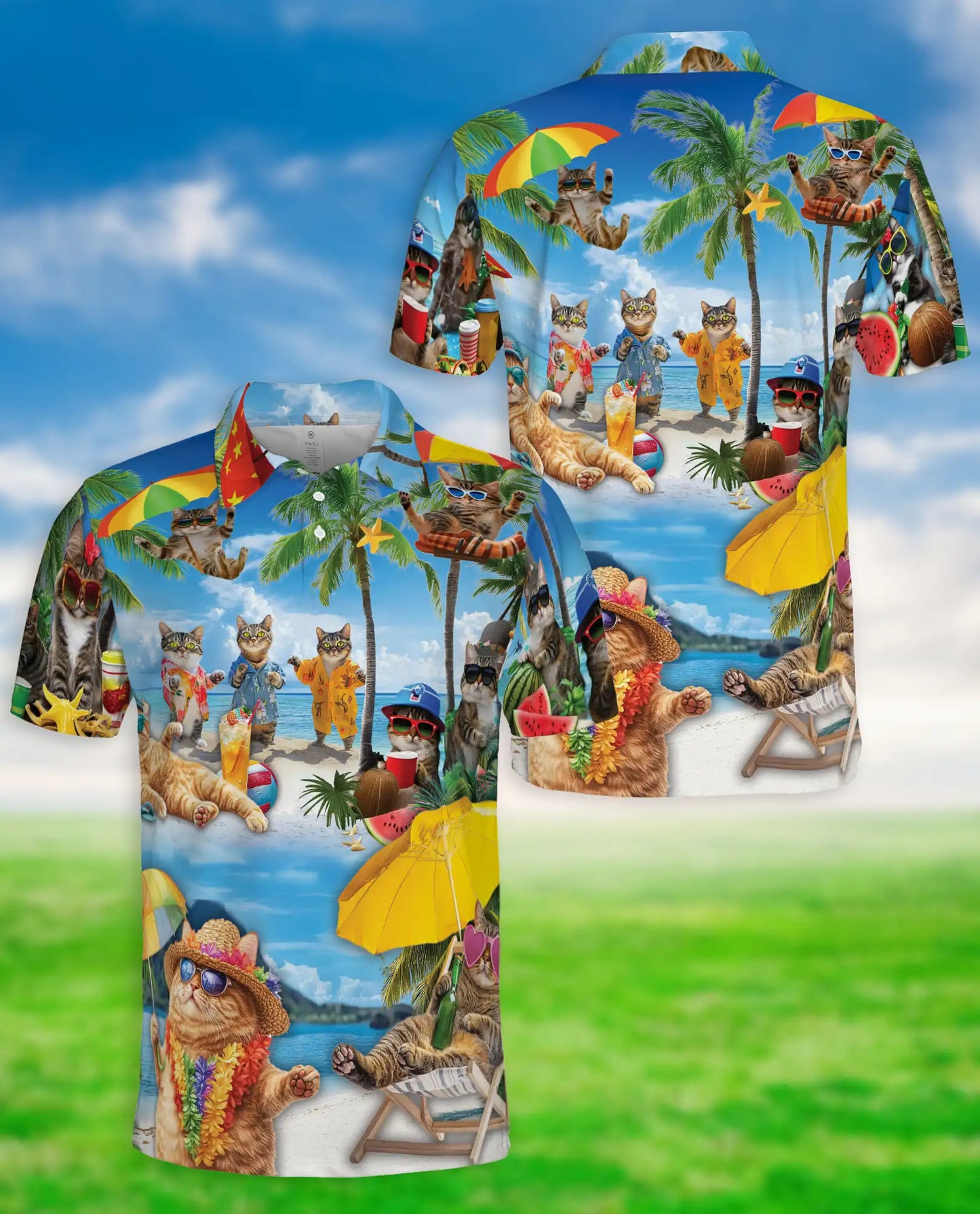 Funny Beach Cat Polo Shirt for Men-Tropical Cat Lover Shirt | Azhawaiian