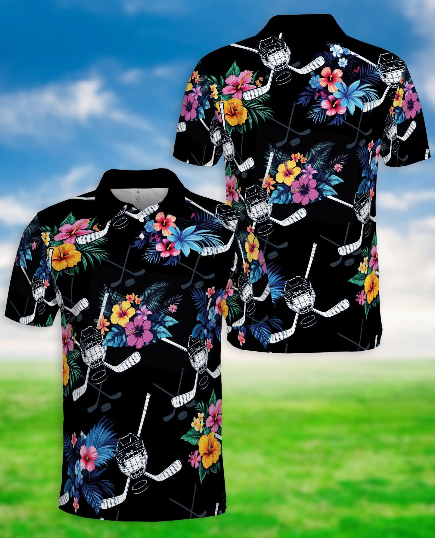 Tropical Hockey Floral 3D Polo Shirt for Men, Hawaiian Sports Fan Style | Azhawaiian
