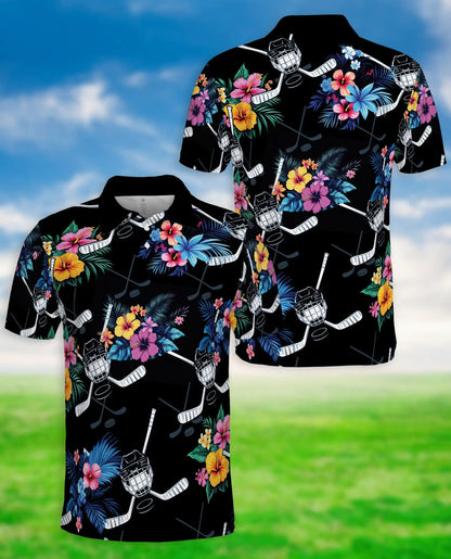 Tropical Hockey Floral 3D Polo Shirt for Men, Hawaiian Sports Fan Style | Azhawaiian
