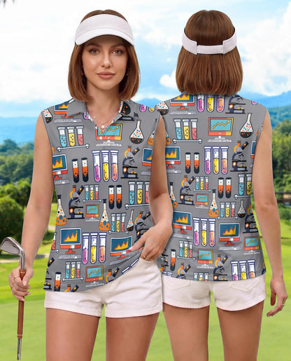 Science Lab Doodle Pattern Sleeveless Polo Shirt for Women | Azhawaiian