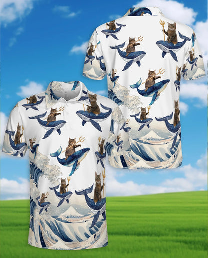 Cat Riding Whale Polo Shirt for Men, Funny Ocean Animal Style | Azhawaiian